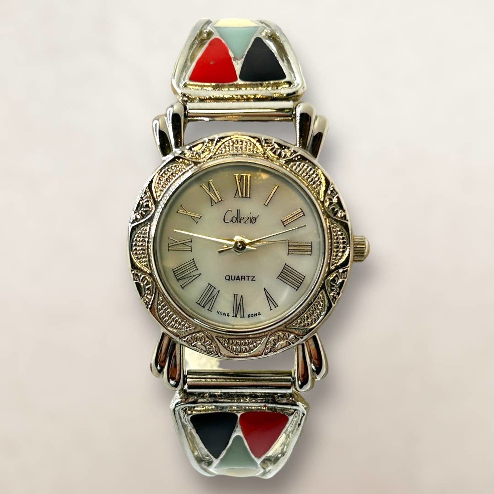Collezio Southwestern Style Enamel Inlay Silver Flex Band Watch Boho
